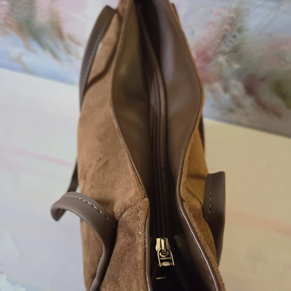 Brown Suede Tote Bag with Logo Accent - Picture 6 of 10